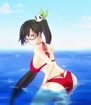  1girl ass back bent_over bikini black_hair blazblue blue_sky breasts from_behind glasses hair_ornament hair_ribbon lao_jiu large_breasts litchi_faye_ling long_hair oboroduki_(deepbluerook) ocean panda red_bikini ribbon semi-rimless_glasses sideboob sky smile solo swimsuit under-rim_glasses very_long_hair violet_eyes wet 