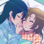  2girls blue_hair blush brown_hair closed_eyes hand_kiss hands holding_hands kiss kousaka_honoka long_hair love_live!_school_idol_project lying multiple_girls on_back on_side open_mouth pajamas parted_lips short_hair sonoda_umi t_tengetu yuri 