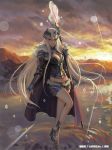  1girl armor blonde_hair blue_eyes breasts cape cleavage glowing horns leg_up long_hair looking_at_viewer midriff mountain navel original partially_submerged shorts solo staff sunset very_long_hair water xiaji 