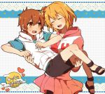  1boy 1girl 6co_p blonde_hair blush brown_eyes brown_hair carrying closed_eyes hibiya_(kagerou_project) hoodie kagerou_project kisaragi_momo open_mouth otsukimi_recital_(vocaloid) princess_carry sandals short_hair side_ponytail smile 