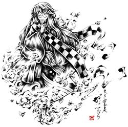  1girl ;3 calligraphy_brush_(medium) checkered finger_to_mouth futatsuiwa_mamizou futatsuiwa_mamizou_(human) glasses haori japanese_clothes link163353 long_hair monochrome pince-nez scarf smoke touhou traditional_media translation_request wide_sleeves wink 