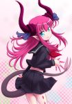  1girl blue_eyes claws detached_sleeves dress fate/extra_ccc fate_(series) hair_ribbon horns kangakuraku12 lancer_(fate/extra_ccc) long_hair pink_hair pointy_ears ribbon school_uniform serafuku solo tail two_side_up 