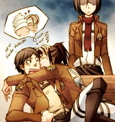  1boy 2girls belt bench brown_hair closed_eyes english eren_jaeger food green_eyes heart ice_cream licking long_sleeves mikasa_ackerman multiple_girls ponytail sasha_browse scarf shingeki_no_kyojin short_hair sleeping tongue uniform wink 