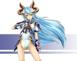  1girl blue_hair horns long_hair nam_(valckiry) original pointy_ears simple_background smile solo very_long_hair yellow_eyes 