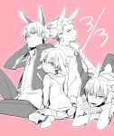  4boys adult animal_ears child dated earrings fate/hollow_ataraxia fate/stay_night fate/zero fate_(series) fur_trim gilgamesh hoodie jacket jewelry kemonomimi_mode kuroemon multiple_boys multiple_persona necklace partially_colored rabbit_ears young 