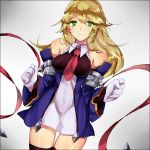  1girl bare_shoulders black_legwear blazblue blonde_hair blush breasts detached_sleeves gloves green_eyes kiyu_tsuitta long_hair minidress necktie no_hat no_headwear noel_vermillion red_ribbon ribbon slender_waist solo sweatdrop thigh-highs thigh_gap uniform white_gloves 