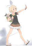  1girl akinbo_(hyouka_fuyou) arm_up bag blonde_hair bracelet brown_eyes casual character_doll dress hair_ornament hair_ribbon hairclip highres jewelry kagamine_len kagamine_rin looking_at_viewer musical_note necklace purse ribbon sandals short_hair smile solo treble_clef vocaloid 