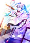  1girl blue_eyes blue_hair dress dutch_angle elbow_gloves frown gloves hatsune_miku headphones highres long_hair maid shaved_ice single_thighhigh skirt_hold solo standing_on_one_leg striped striped_legwear thigh-highs tray twintails very_long_hair vocaloid 