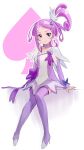  1girl boots bow cure_sword dokidoki!_precure hair_ornament hairpin heart kenzaki_makoto light_smile looking_at_viewer one_side_up precure purple purple_hair simple_background sitting solo spade thigh-highs thigh_boots unyon violet_eyes 