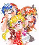  1boy 2girls bandana blonde_hair blue_hair chrono_cross glasses gloves hair_ribbon highres kid_(chrono_cross) leena multiple_girls redhead ribbon serge traditional_media 