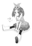  1girl hat kouji_(campus_life) monochrome monogatari_(series) ononoki_yotsugi pantyhose short_hair solo striped striped_legwear 