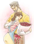 96kuroie beard bouquet brown_hair facial_hair father&#039;s_day father_and_daughter flower gloves grey_hair hug jojo_no_kimyou_na_bouken joseph_joestar kuujou_holly old 