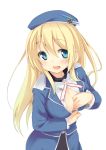  1girl atago_(kantai_collection) blonde_hair blue_eyes blush breasts gloves hat kantai_collection large_breasts long_hair looking_at_viewer military military_uniform mokoke open_mouth opening_shirt personification smile solo uniform 