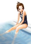  1girl brown_eyes brown_hair original pool poolside school_swimsuit swimsuit topknot yuuto_(chakokin) 