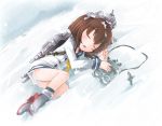  1girl akihara_nakuru binoculars blush brown_hair headgear kantai_collection lying on_side open_mouth panties school_uniform serafuku short_hair snow tears underwear yukikaze_(kantai_collection) 