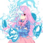  1girl circle crossed_arms fuuen_(akagaminanoka) hata_no_kokoro long_hair looking_at_viewer mask oni_mask pink_eyes pink_hair plaid plaid_shirt skirt solo star tengu_mask touhou 