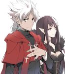  1boy 1girl assassin_of_red black_hair breasts brown_eyes capelet cleavage dark_skin dress fate/apocrypha fate_(series) kotomine_shirou kuroemon long_hair pointy_ears stole white_hair 