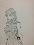  chun-li hair_down holding_arm monochrome solo street_fighter street_fighter_zero 