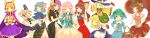  +_+ 6+girls ^_^ absurdres animal_ears blonde_hair blue_eyes blue_hair bow brown_eyes brown_hair bubble_skirt cape character_mask closed_eyes detached_sleeves dress earmuffs futatsuiwa_mamizou glasses gradient_hair grey_eyes grey_hair hair_bobbles hair_bow hair_ornament hair_tubes hakurei_reimu hat hata_no_kokoro highres hijiri_byakuren holding_hands hopeless_masquerade kawashiro_nitori kirisame_marisa komeiji_koishi kumoi_ichirin long_image maiwetea mask mononobe_no_futo multicolored_hair multiple_girls noh_mask open_mouth pink_hair ponytail raccoon_ears raccoon_tail ritual_baton skirt skirt_set smile tail tate_eboshi tears touhou toyosatomimi_no_miko twintails unzan wide_image wide_sleeves witch_hat 