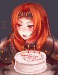  1girl bangs birthday_cake blush chandra_nalaar english freckles goggles goggles_on_head happy_birthday highres kerasu long_hair looking_away magic:_the_gathering parted_bangs red_eyes redhead simple_background solo sweatdrop tsundere 