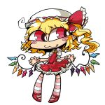  1girl :3 blonde_hair blush_stickers chibi flandre_scarlet full_body hat matarou no_nose red_shoes shoes side_glance skirt skirt_set solo striped striped_legwear thigh-highs touhou white_background wings 