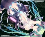  1girl arm_up center_opening character_name elbow_gloves gloves green_hair hatsune_miku highres long_hair miku_append navel necktie oniyama831 solo thigh-highs twintails very_long_hair vocaloid vocaloid_append 