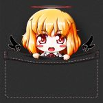 1girl black_wings blonde_hair blush_stickers chibi ex-rumia halo looking_at_viewer minigirl open_mouth pocket red_eyes roco_(katsuya1011) rumia smile solo touhou wings 