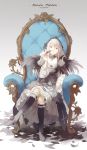  1girl boots chair doll dress feathers flower frills hairband highres long_hair nine_(liuyuhao1992) red_eyes rose rozen_maiden silver_hair sitting solo suigintou vines wings 