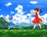  2girls ascot bare_shoulders blue_eyes blue_hair blue_sky bow brown_hair butterfly_net cirno clouds dated detached_sleeves dress fan gourd grass hair_bow hakurei_reimu hand_net hat hat_ribbon kneehighs mary_janes mountain multiple_girls ofuda open_mouth outdoors path ponytail profile puffy_short_sleeves puffy_sleeves red_eyes ribbon road running shirokan28 shoes short_hair short_sleeves skirt skirt_set sky smile straw_hat touhou walking 
