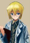  1girl blonde_hair blue_eyes clipboard glasses labcoat long_sleeves posidoc simple_background solo strike_witches ursula_hartmann 
