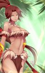  breasts brown_hair dean facial_mark green_eyes highres league_of_legends loincloth long_hair nidalee polearm ponytail spear tribal weapon 