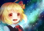  1girl ahoge blonde_hair dress_shirt fang hair_ribbon looking_at_viewer lowres milky_way necktie night night_sky open_mouth red_eyes ribbon rumia sakuyabm shirt short_hair sky solo star_(sky) starry_sky touhou vest 