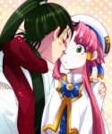  1boy 1girl aria blush cheek_kiss green_eyes hat izumo_akatsuki kagura_(anomalo-anima) kiss long_hair mizunashi_akari pink_hair ponytail scarf uniform 