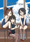  3girls black_hair brown_eyes brown_hair clouds glasses hair_ornament hairclip highres instrument long_hair multiple_girls original recorder school_swimsuit short_hair sky swimsuit tugeneko twintails window 