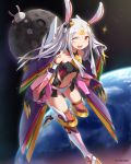  1girl animal_ears boots carrot claws collarbone crescent detached_sleeves dome earth facial_mark fake_animal_ears hair_ornament highres long_hair looking_at_viewer mecha_musume midriff moon navel open_mouth original panties rabbit_ears red_eyes revealing_clothes screw showgirl_skirt silver_hair smile solo space star thigh-highs thigh_boots torii underwear white_panties wide_sleeves wink zenn 