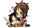  1boy 1girl belt black_hair blush brown_hair english eren_jaeger grey_eyes hanji_zoe heart long_sleeves open_mouth rabbit shingeki_no_kyojin short_hair tears uniform white_background 