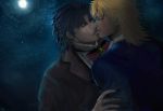  2boys blonde_hair blue_hair cindyxce423 dio_brando full_moon highres incipient_kiss jojo_no_kimyou_na_bouken jonathan_joestar moon multiple_boys yaoi 