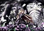  1girl apple228 blonde_hair butterfly church cloudy_sky dress field flower flower_field hat hat_ribbon highres light_particles outstretched_arm puffy_sleeves purple_dress purple_hair purple_rose ribbon rose ruins short_sleeves solo statue touhou traditional_media watercolor_(medium) yakumo_yukari 