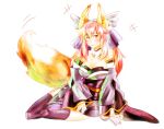  1girl animal_ears bare_shoulders blush breasts caster_(fate/extra) detached_collar detached_sleeves fate/extra fate_(series) fox_ears fox_tail gawainbro hair_ribbon japanese_clothes kimono large_breasts on_side pink_hair ribbon smile solo tail thigh-highs yellow_eyes 