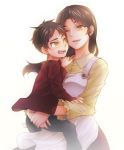  1boy 1girl apron brown_hair carla_jaeger carrying eren_jaeger highres long_sleeves mother_and_child mother_and_son open_mouth pants shingeki_no_kyojin short_hair white_background wink yagisuke yellow_eyes 