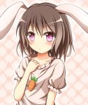  1girl animal_ears argyle argyle_background black_hair blush bust carrot collar_tug collarbone dress inaba_tewi jewelry kuroganeruto looking_at_viewer necklace pink_dress pink_eyes puffy_sleeves rabbit_ears short_sleeves solo touhou 
