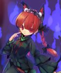  1girl animal_ears blush bow braid cat_ears cat_tail dress earrings extra_ears fang hair_bow hairband jewelry ju-zika kaenbyou_rin long_hair looking_at_viewer red_eyes redhead skull smile solo tail touhou twin_braids 
