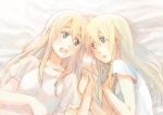  blonde_hair blue_eyes eyebrows fukutarou_(enji127) holding_hands k-on! kotobuki_tsumugi long_hair lying on_back on_side saitou_sumire smile thick_eyebrows 