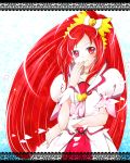  1girl blush cure_ace dokidoki!_precure hand_to_own_mouth heart kagami_chihiro letterboxed light_smile long_hair patterned precure red_eyes redhead smile solo 
