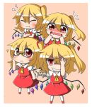  4girls ascot bandages blonde_hair blush chibi clone closed_eyes fang feiton flandre_scarlet four_of_a_kind_(touhou) glasses hat multiple_girls multiple_persona open_mouth red_eyes ribbon short_hair side_ponytail simple_background skirt smile tears touhou wings 