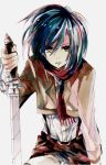  black_hair brown_eyes jacket mikasa_ackerman pomeko scarf shingeki_no_kyojin short_hair sword weapon 