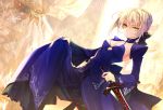  1girl alternate_costume blonde_hair bow breasts cleavage dark_excalibur detached_sleeves dress fate/stay_night fate_(series) hachini hair_bow saber saber_alter solo sword weapon yellow_eyes 