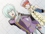  2boys ace_grit anime_coloring bad_id bad_pixiv_id bakugan bakugan_new_vestroia bandana baron_leltoy belt gloves green_hair multiple_boys pointing purple_hair purple_shirt redxbluexlost short_hair sleeveless_blazer sweatdrop violet_eyes white_gloves 