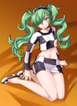  1girl alternate_hairstyle brown_background checkered checkered_shirt checkered_skirt crop_top full_body gradient gradient_background green_hair hair_over_one_eye hairband hatsune_miku high_heels highres kneeling light_smile long_hair looking_at_viewer louis_vuitton_(brand) midriff miniskirt navel pumps racequeen same shoes skirt solo twintails vocaloid 