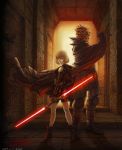  1boy 1girl alien ass blonde_hair bob_cut cape character_request doorway double-blade elbow_gloves energy_sword eud_(systemblue) fingerless_gloves gloves glowing hand_on_hip height_difference lightsaber pale_skin short_hair sith star_wars sword weapon yellow_eyes 